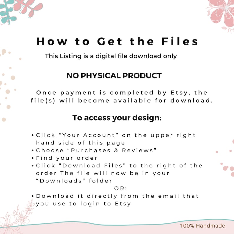 May include: A pink and white graphic with the text "How to Get the Files" and "This Listing is a digital file download only". The text "NO PHYSICAL PRODUCT" is in all caps. The graphic also includes instructions on how to access the digital files after purchase.