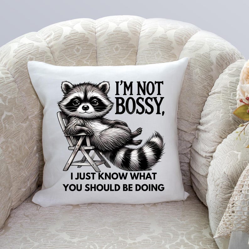May include: White square pillow featuring a cartoon raccoon in a chair with the text "I'M NOT BOSSY, I JUST KNOW WHAT YOU SHOULD BE DOING" in black. The raccoon is black and white.