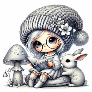 Peut inclure: Une mignonne fille de dessin animé aux longs cheveux blancs portant un bonnet en tricot gris et des lunettes est assise sur un champignon en train de lire un livre bleu. Un lapin blanc est assis à côté d'elle.
