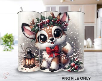 May include: A set of three stainless steel insulated tumblers featuring a cartoon deer with a red bow, holly wreath, and lantern design. The tumblers have a white background with a snowy effect. The text "PNG FILE ONLY" is at the bottom.