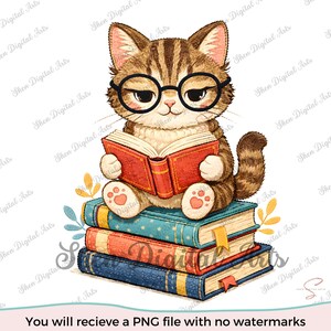 Puede incluir: Ilustración digital de un gato atigrado con gafas, leyendo un libro rojo mientras está sentado sobre una pila de libros coloridos. La imagen incluye el texto "You will recieve a PNG file with no watermarks".