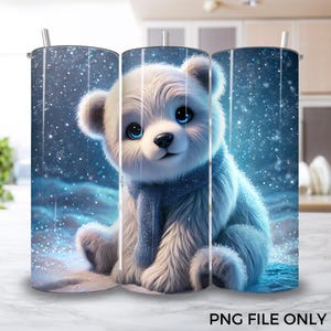 Polar Bear Cub Tumbler Wrap, Christmas Polar Bear PNG wraps for 20oz Skinny Tumblers, Cute Polar Bear 300 DPI Winter Holiday Cute Animal PNG