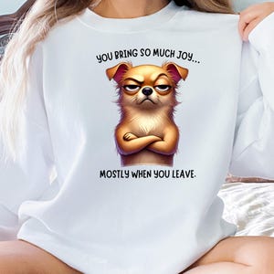 May include: White sweatshirt with a cartoon image of a brown dog with a grumpy expression. The text "You bring so much joy... mostly when you leave." is printed on the sweatshirt.
