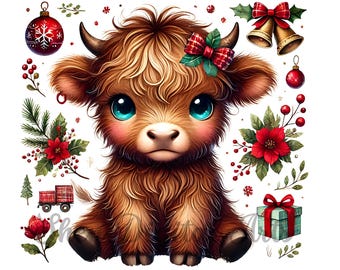 May include: A cute cartoon illustration of a Highland cow calf with big blue eyes, a red and black plaid bow, and a Christmas theme. The image includes Christmas ornaments, red berries, and a wrapped gift.