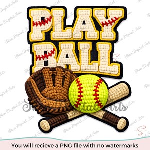 Softball PNG, Faux yarn Play Ball Png, Crochet Softball Sublimation, 3D puff letter Softball Season Shirt Embroidered Patch Digital Download