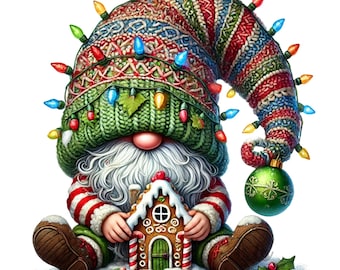 May include: A whimsical Christmas gnome illustration. The gnome wears a knitted hat adorned with colorful lights. It holds a gingerbread house and a green ornament. The gnome's outfit includes a red and white striped shirt and green pants.