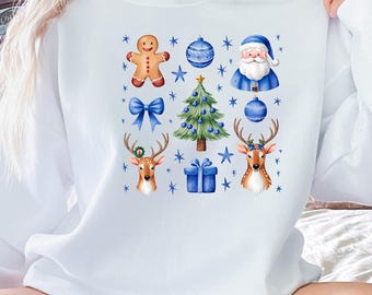 Blaue Weihnachts-PNGs, blaue Weihnachtsschleifen-PNGs, blauer Weihnachtsbaum-PNG, trendiger Weihnachtsmann-PNG, Weihnachtssublimationsdesign, blaue Weihnachts-Cliparts