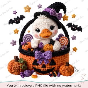 Crochet Duck Halloween PNG, Witch Hat Pumpkin Basket Sublimation (Digital Download)