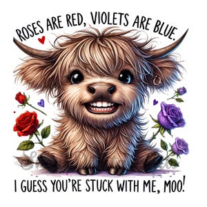 Può includere: Una mucca delle Highlands di cartone animato carina con un grande sorriso e il testo "ROSES ARE RED, VIOLETS ARE BLUE. I GUESS YOU'RE STUCK WITH ME, MOO!" La mucca è circondata da rose rosse e viola.