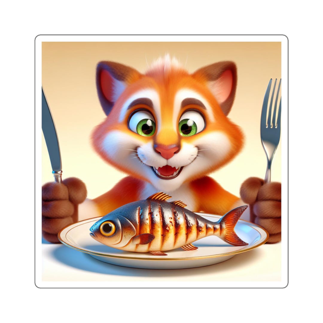 Cute Cat Eating Fish Square Stickers - Fun Laptop Decals, Funny Gifts ...