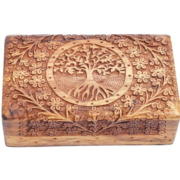 Woodiva Handmade Sheesham Antique Wooden Storage Box Hand Carved Tree design Jewelry Box & Decorative Gift Box etc (8 X 5) Inches