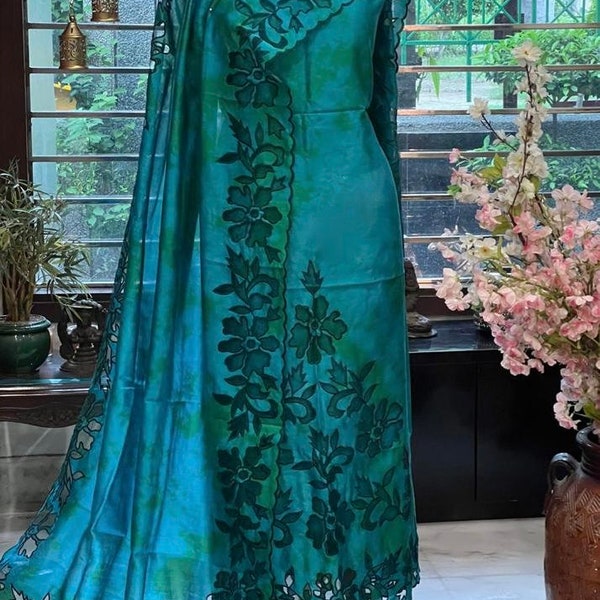 Indian Ethnic Handmade And Handcrafted Pure Chanderi Silk Bluish Green kurta And Pants With A Beautiful Appliqué Work Dupatta For Women