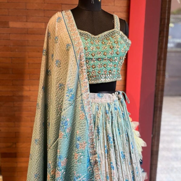 Indian Ethnic Handmade And Handcrafted Modal Crush Bluish Green Lehenga And Blouse For Girls And Women