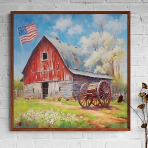 Old Red Barn with American Flag |Americana Art | Rustic | Country Barn | Patriotic | Old Glory | Flag Prints | Digital Art | Printable | AI image 2