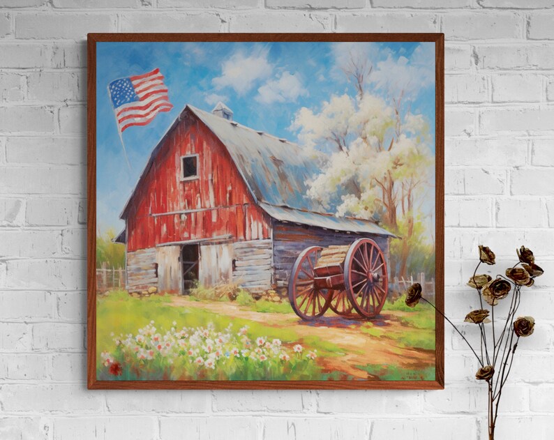 Old Red Barn with American Flag |Americana Art | Rustic | Country Barn | Patriotic | Old Glory | Flag Prints | Digital Art | Printable | AI image 2