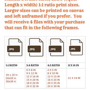 May include: A chart showing the different sizes of prints available for purchase. The chart is divided into four sections: 1:1 Ratio, 3:4 Ratio, 4:5 Ratio, and 11 x 14 in. Each section lists the available print sizes in inches. The chart also includes a graphic of a JPG file.