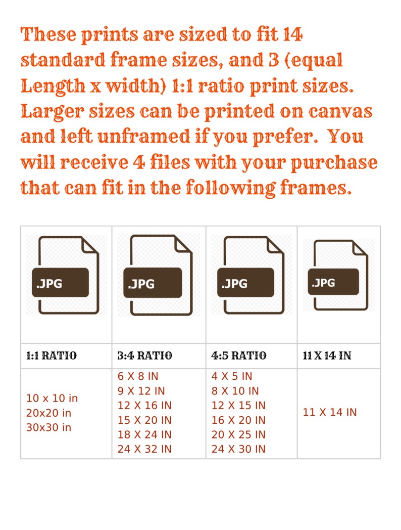 May include: A chart showing the different sizes of prints available for purchase. The chart is divided into four sections: 1:1 Ratio, 3:4 Ratio, 4:5 Ratio, and 11 x 14 in. Each section lists the available print sizes in inches. The chart also includes a graphic of a JPG file.