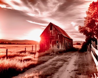 Old Barn Print Red Skies| Farmhouse |Printable Wall Art | Western Decor | Rustic | Landscape Print Photography | Digital Art | Art Canvas |