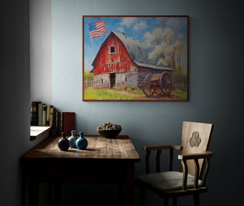 Old Red Barn with American Flag |Americana Art | Rustic | Country Barn | Patriotic | Old Glory | Flag Prints | Digital Art | Printable | AI image 7