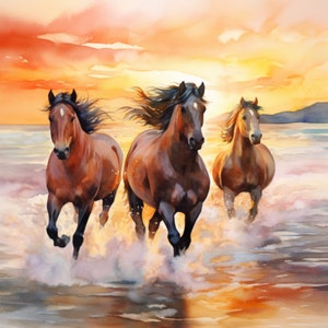 Paarden schilderij aquarel | Grote muurkunst | Paarden rennen op het strand | Afdrukbare muurkunst | Paard afdrukken | Digitale kunst | Paarden kunst canvas