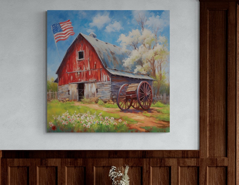 Old Red Barn with American Flag |Americana Art | Rustic | Country Barn | Patriotic | Old Glory | Flag Prints | Digital Art | Printable | AI image 6