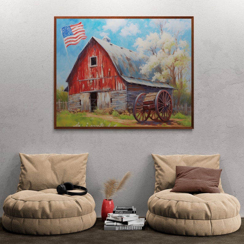 Old Red Barn with American Flag |Americana Art | Rustic | Country Barn | Patriotic | Old Glory | Flag Prints | Digital Art | Printable | AI image 4