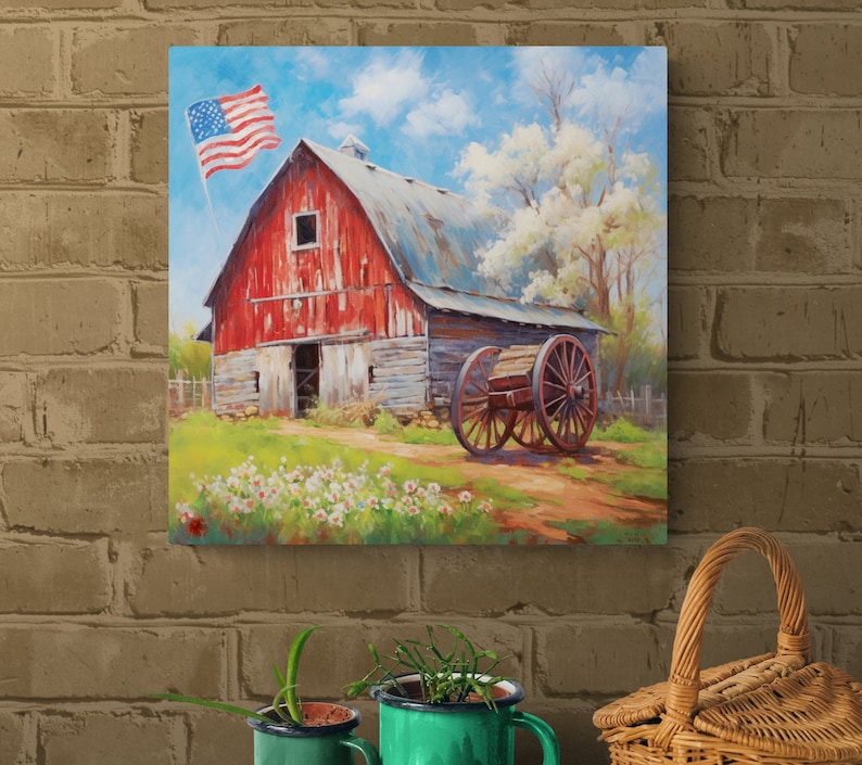 Old Red Barn with American Flag |Americana Art | Rustic | Country Barn | Patriotic | Old Glory | Flag Prints | Digital Art | Printable | AI image 9