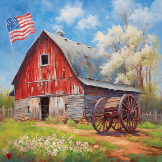 Old Red Barn with American Flag |Americana Art | Rustic | Country Barn | Patriotic | Old Glory | Flag Prints | Digital Art | Printable | AI