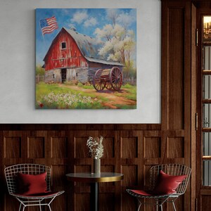 May include: A painting of a red barn with a weathered wooden door and a wagon wheel in front. An American flag is flying in the breeze above the barn.