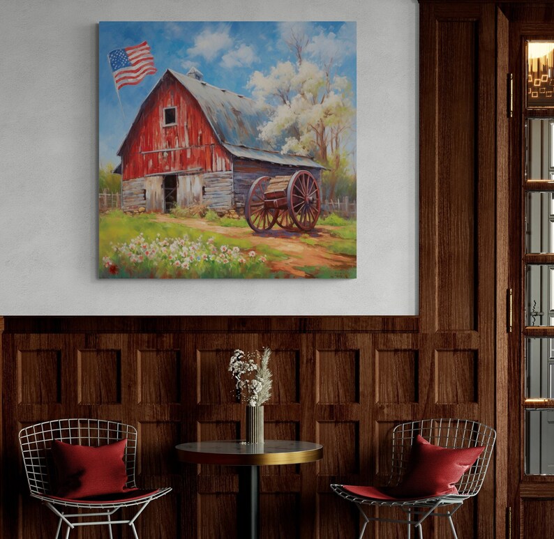 May include: A painting of a red barn with a weathered wooden door and a wagon wheel in front. An American flag is flying in the breeze above the barn.