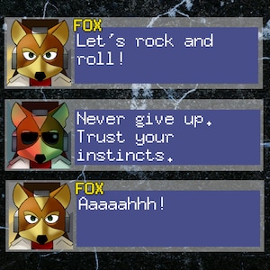 May include: A video game character named Fox McCloud, with orange fur, a white and red jumpsuit, and a blue visor, is shown in three different poses. The text in the image reads: "FOX Let's rock and roll! Never give up. Trust your instincts. FOX Aaaaahhh!"