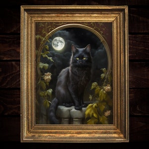 ヴィンテージ黒猫プリント、セーラム黒猫、黒猫のハロウィンアートプリント、ビクトリア朝のダークアカデミアの印刷可能なウォールアート、ダークウィッチコテージコア