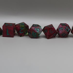 Handmade dice | resin dice | full dice set | DnD dice set | pink and green dice | 06