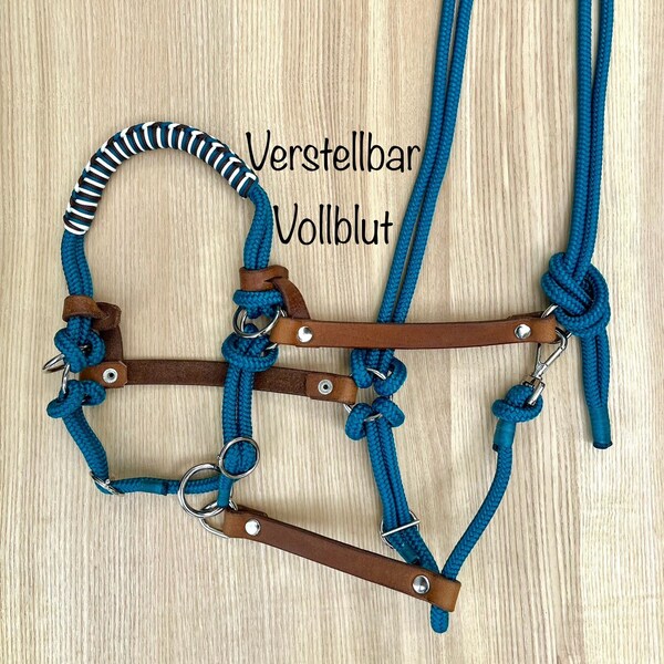 Adjustable sidepull made of rope and leather with sliding lead ring, size thoroughbred, color aqua