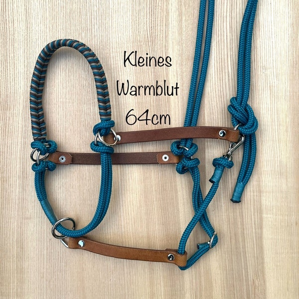 Sidepull halter, rope halter with 4 rings and leather, size warmblood, aqua