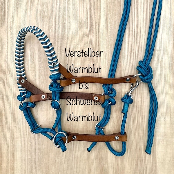 Adjustable halter made of rope and leather with fixed lead ring without sidepull rings, size warmblood to heavy warmblood, color aqua