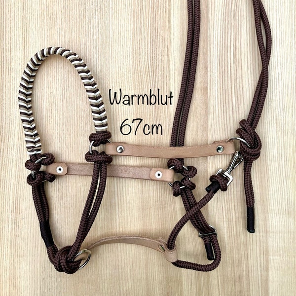 Halter made of rope and leather with fixed lead ring without sidepull rings, size warmblood, brown