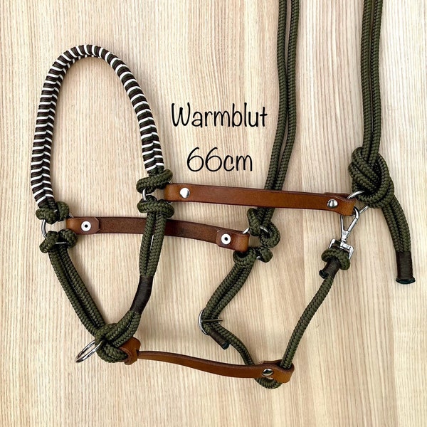 Halter made of rope and leather with fixed lead ring without sidepull rings, size warmblood, olive