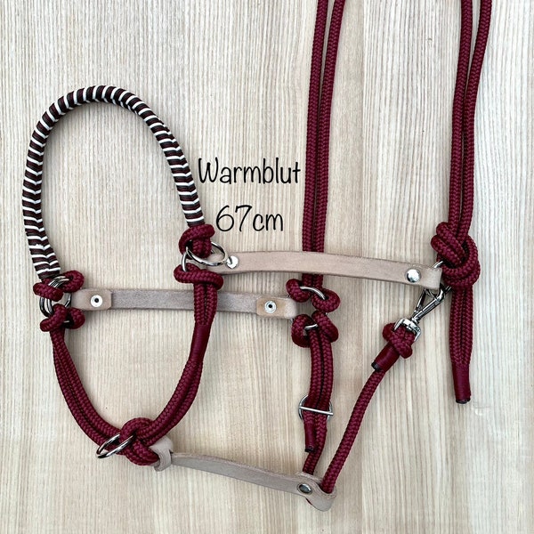 Sidepull halter made of rope and leather with a fixed lead ring and sidepull rings, warmblood size, bordeaux