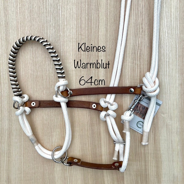 Sidepull halter, rope halter with 4 rings and leather, warmblood size, cream white