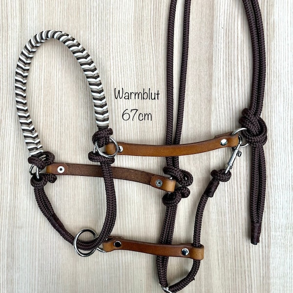 Sidepull halter, rope halter with 4 rings and leather, warmblood size, brown