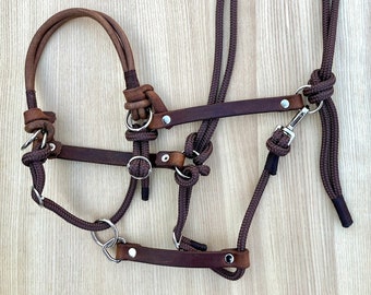 Adjustable leather sidepull with sliding lead ring for coldblood, warmblood, thoroughbred or pony, many colors