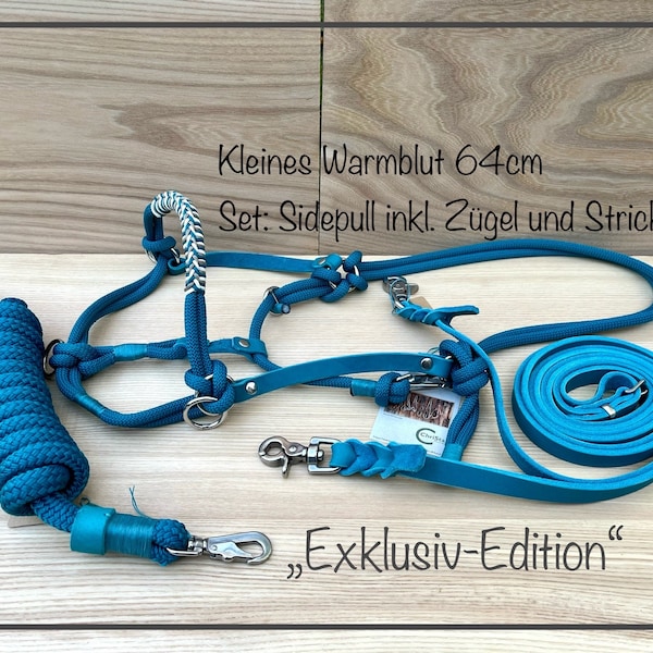 Sidepull avec rênes et corde de taille Warmblood « Exclusive Edition » en corde et cuir graissé coloré de couleur aqua