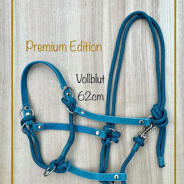 Soft sidepull made of rope and fat leather, size thoroughbred, color aqua "Premium Edition"