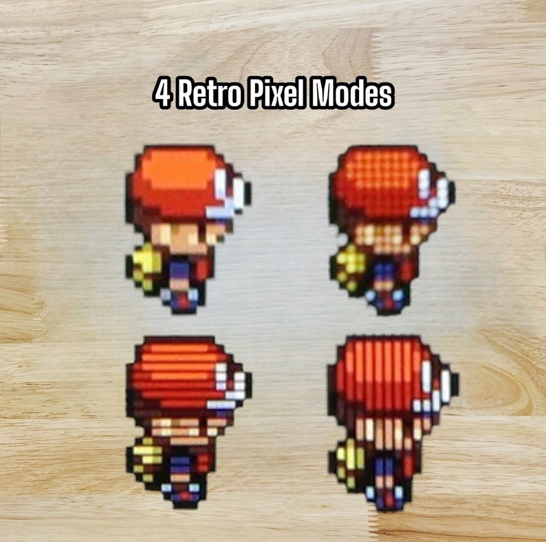 Puede incluir: Cuatro estilos diferentes de arte de p&iacute;xeles de un personaje con una gorra roja, una camisa amarilla y pantalones azules. El texto "4 Retro Pixel Modes" est&aacute; en la parte superior de la imagen.