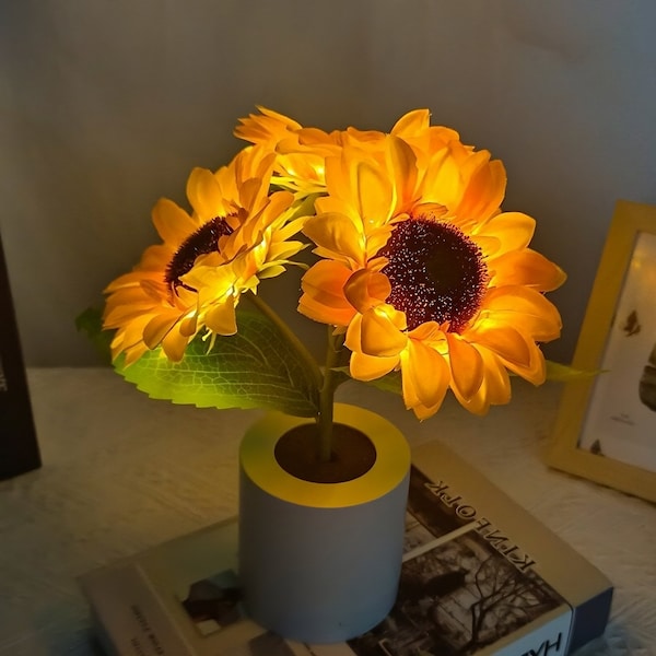 Lampe tournesol, Tournesol artificiel en pot avec lumière LED, Décorations tournesol pour bureau, chambre à coucher, Recharge USB, Lampe de nuit