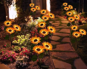 Outdoor Solar Garden Stake Lights, Upgraded LED Solar Powered Light with 3 Sunflowers, Waterproof Solar Decorative Lights