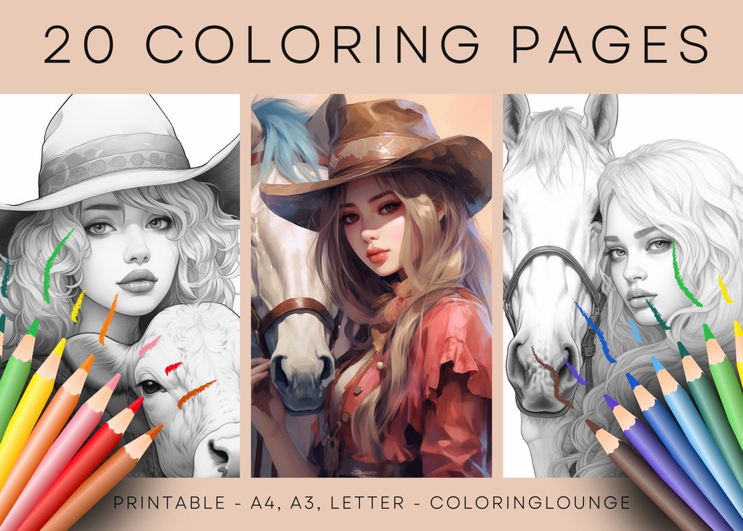 Cowgirl 20 Printable Coloring Pages Letter Sized Adult and Kids Coloring Pages Instant Download ...