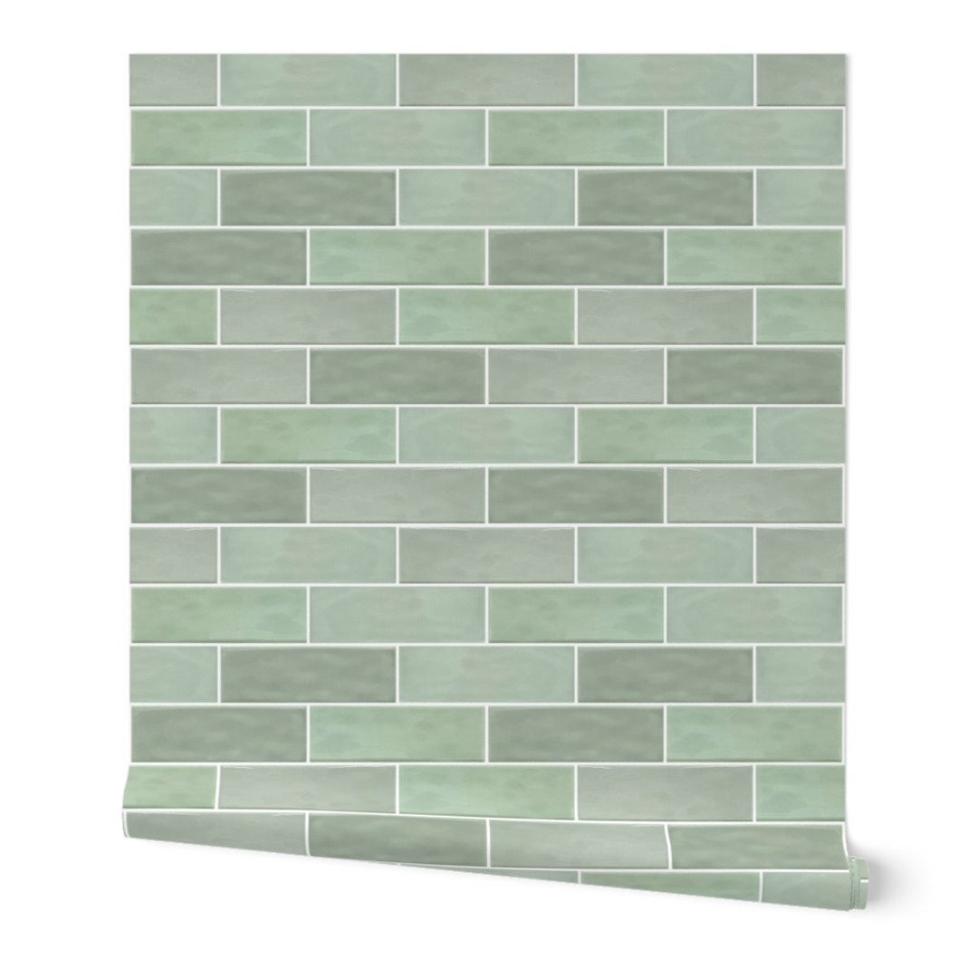 Subway Tile Wallpaper, Faux Tile Wallpaper, Green Tile Wallpaper