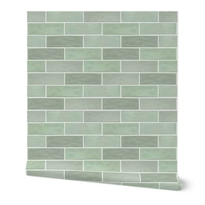 Subway tile wallpaper, faux tile wallpaper, green tile wallpaper, feature wallpaper, peel and stick wallpaper, removable wallpaper